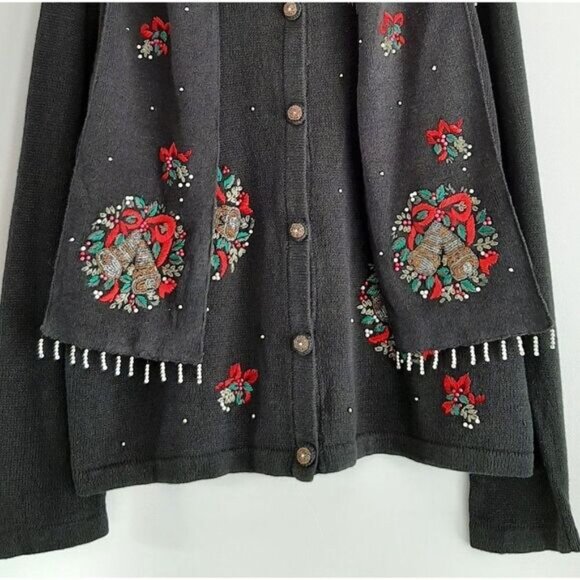 WHITE STAG Vintage Embroidery & Bead Work Christmas Bells Cardigan Sweater Sz XL - Picture 3 of 16